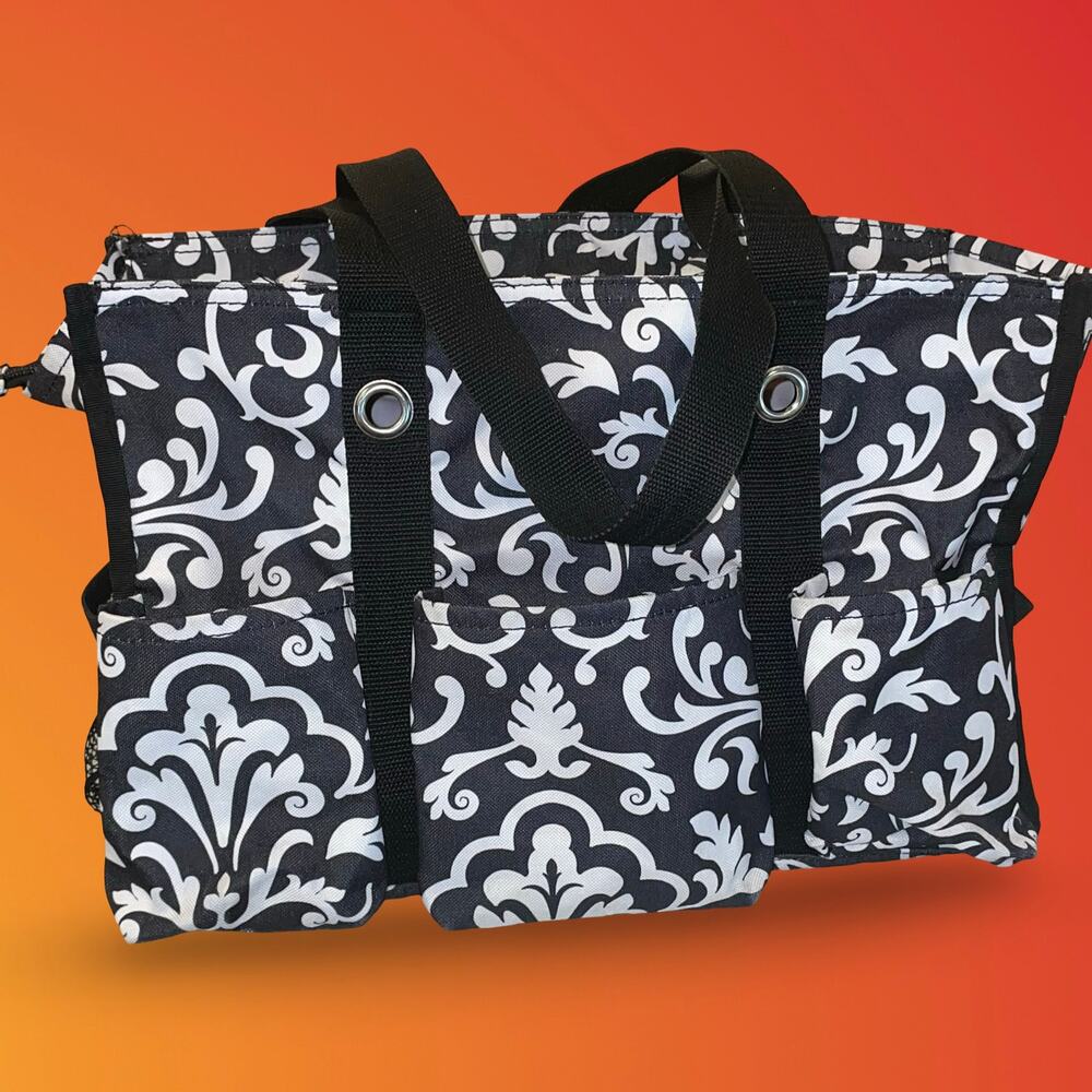 Thirty-One Organizing Utility Tote Bag 15" Mini Parisian Pop Black White Zip Top